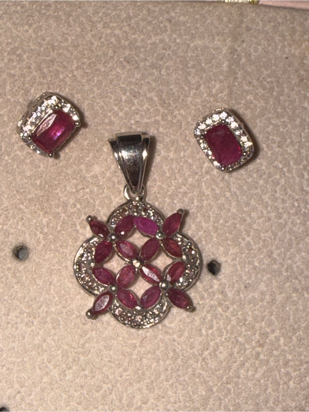 Natural Ruby Floral Pendant and Earring Set